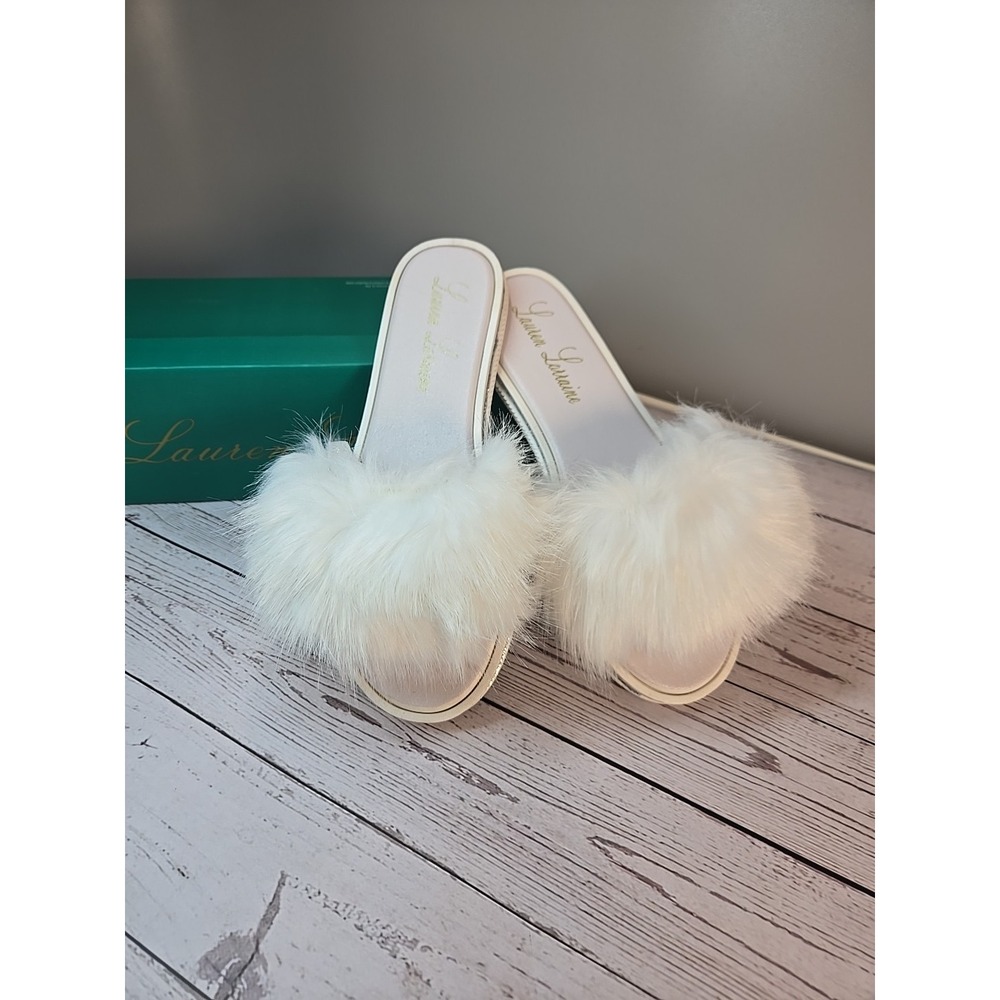 Lauren Lorraine Fluffy White Faux Fur‎ Flat Slides Sandals Slippers Womens M (8)